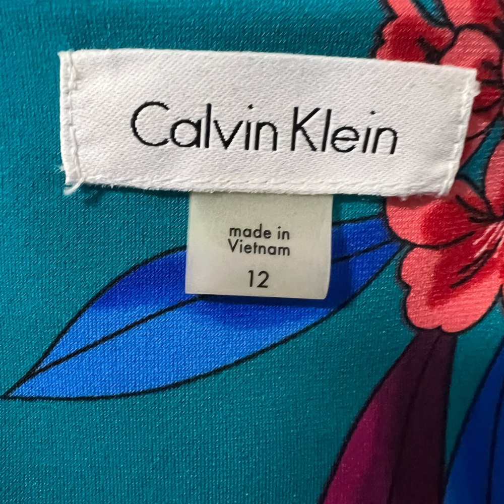 Calvin Klein Teal Floral Wrap Dress with Magenta & Blue Accents - Picture 2 of 5